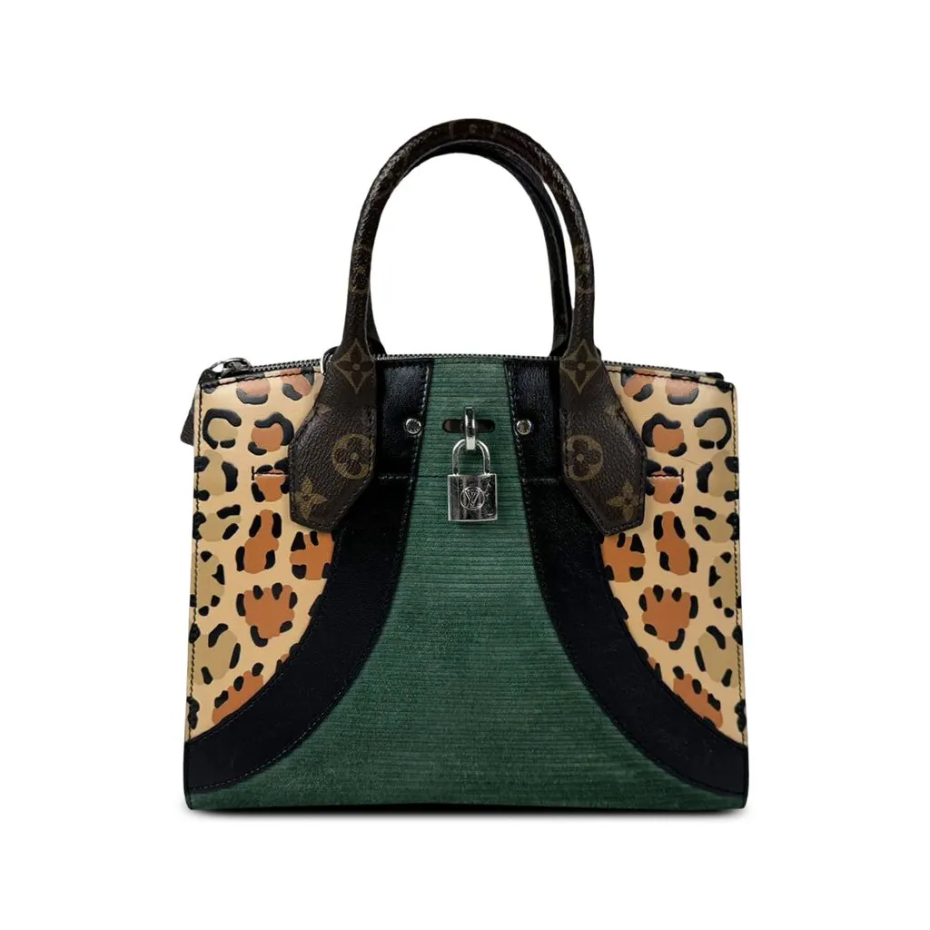 Louis Vuitton Monogram Leopard Print Calfskin Corduroy City Steamer PM Green Leather Good - Front View