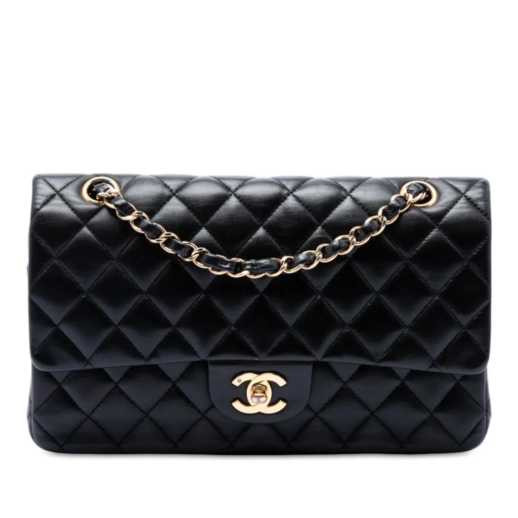 Chanel Medium Classic Lambskin Double Flap Black Leather Very good - Front View