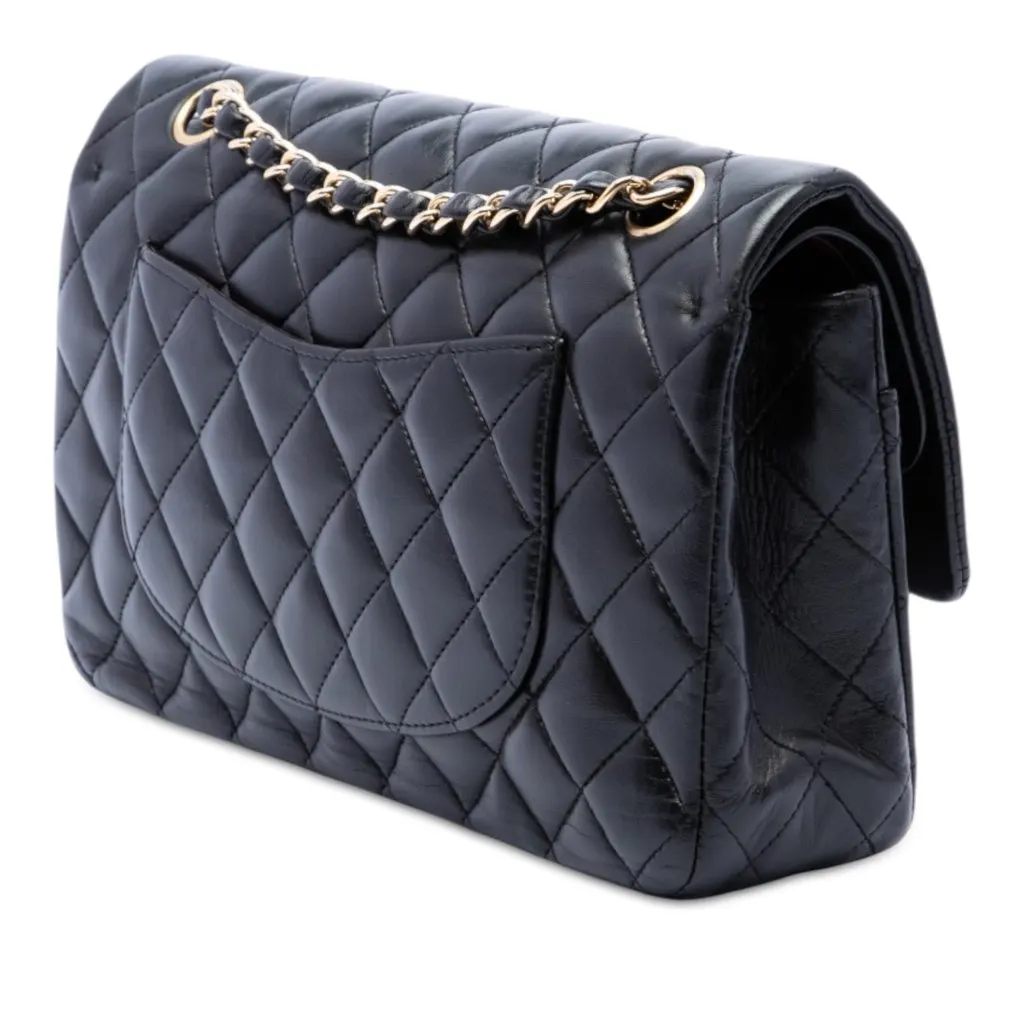 Chanel Medium Classic Lambskin Double Flap Black Leather Very good - Back View