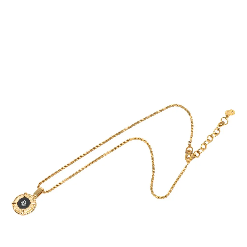 Dior Gold Plated Enamel Logo Round Pendant Necklace Gold Metal Very good - Front View