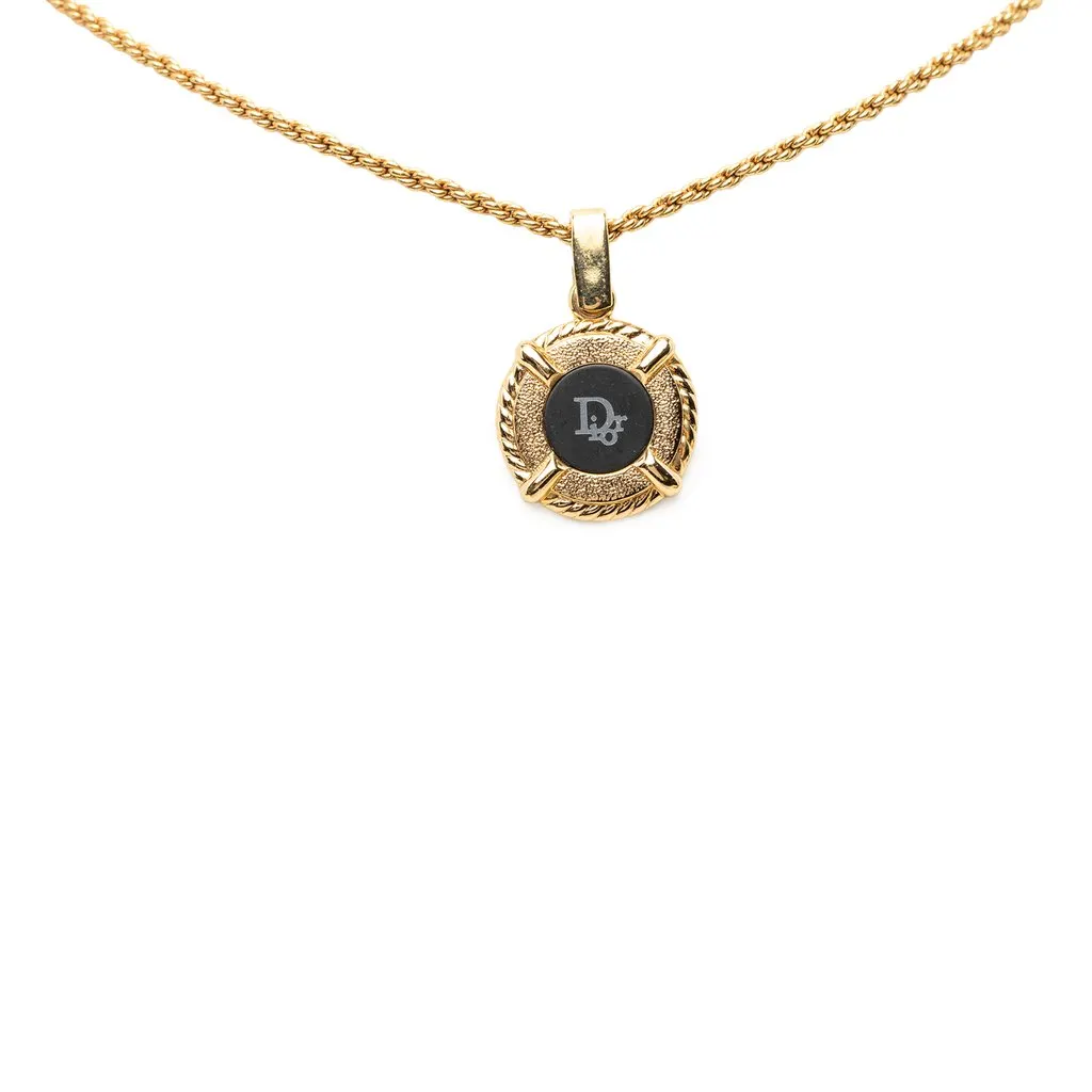 Dior Gold Plated Enamel Logo Round Pendant Necklace Gold Metal Very good - Back View
