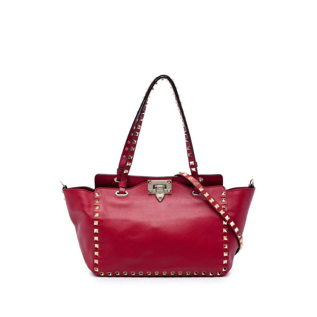 Valentino Small Leather Rockstud Trapeze Satchel Red Leather Good - Front View