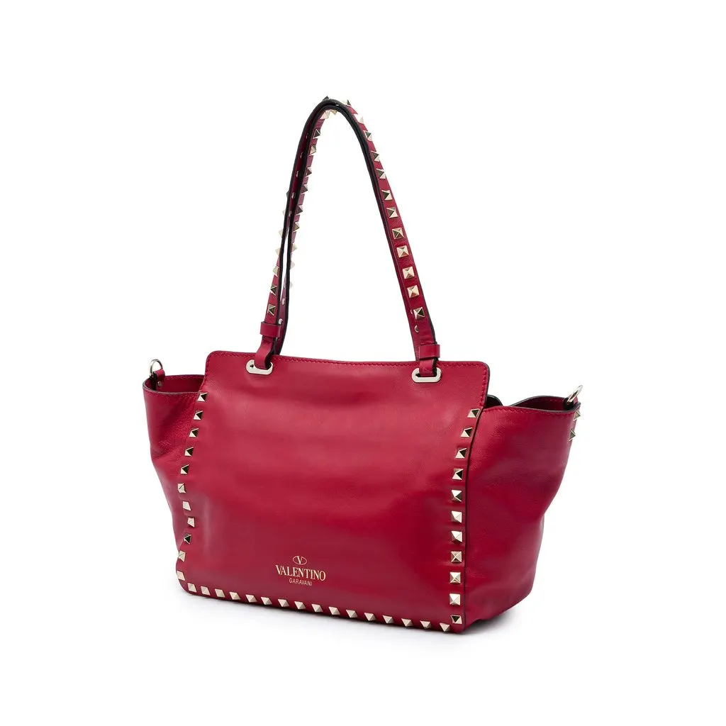 Valentino Small Leather Rockstud Trapeze Satchel Red Leather Good - Back View