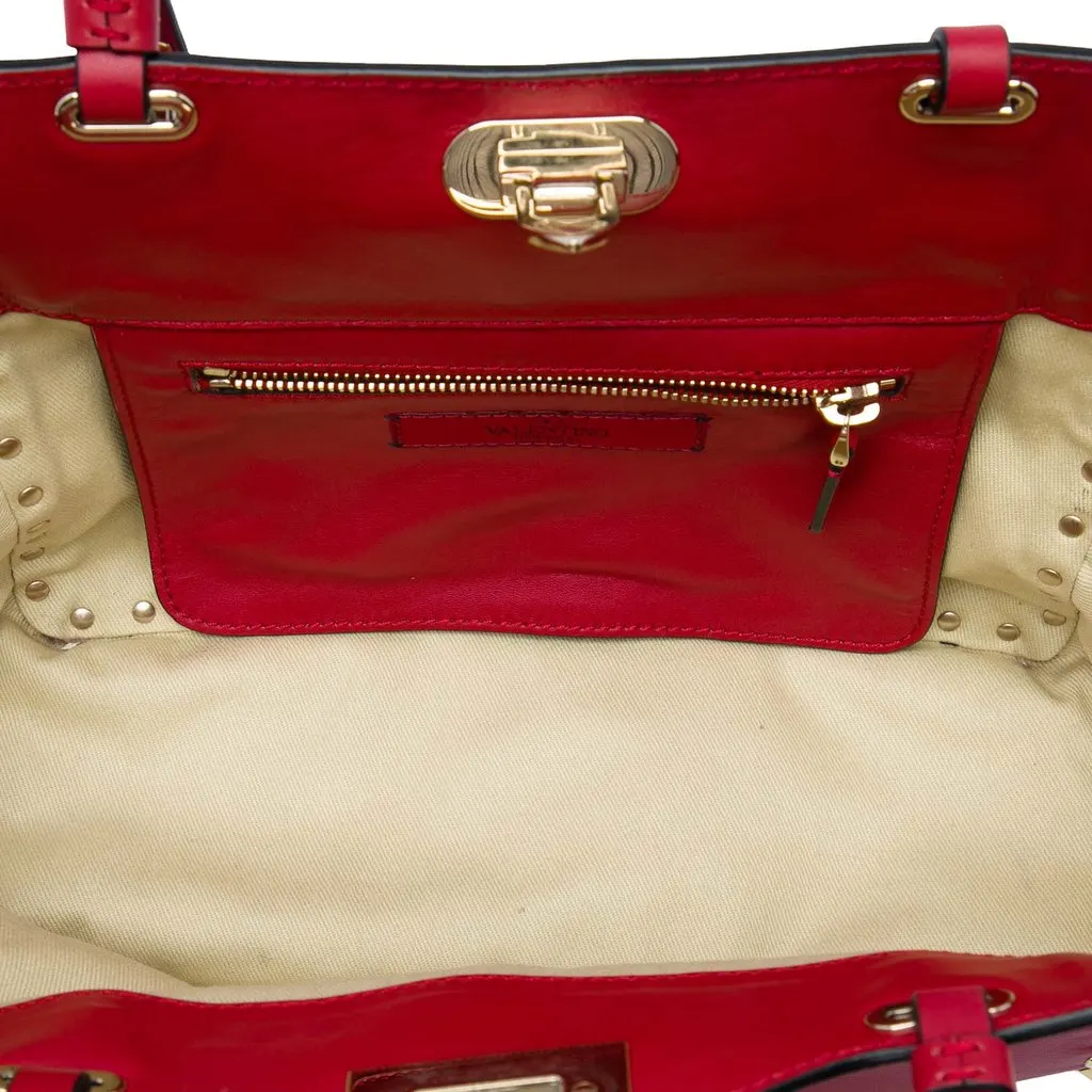 Valentino Small Leather Rockstud Trapeze Satchel Red Leather Good - Model View