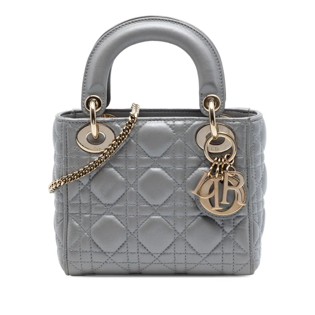 Dior Mini Metallic Lambskin Cannage Lady Dior Grey Leather Very good - Front View