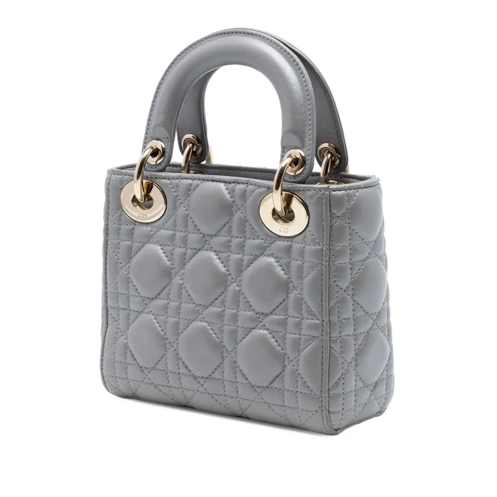 Dior Mini Metallic Lambskin Cannage Lady Dior Grey Leather Very good - Back View