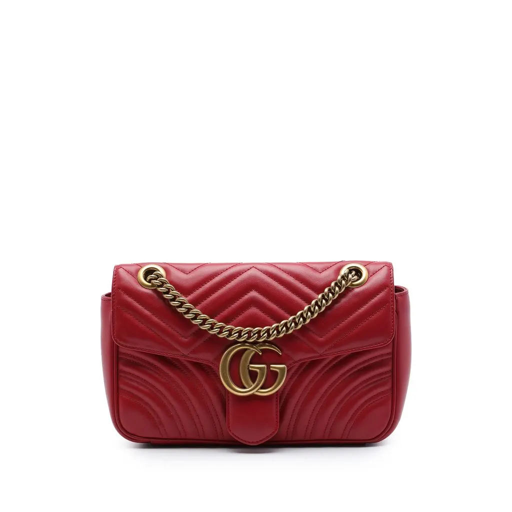 Gucci Medium GG Marmont Matelasse Calfskin Shoulder Bag Red Leather Good - Front View
