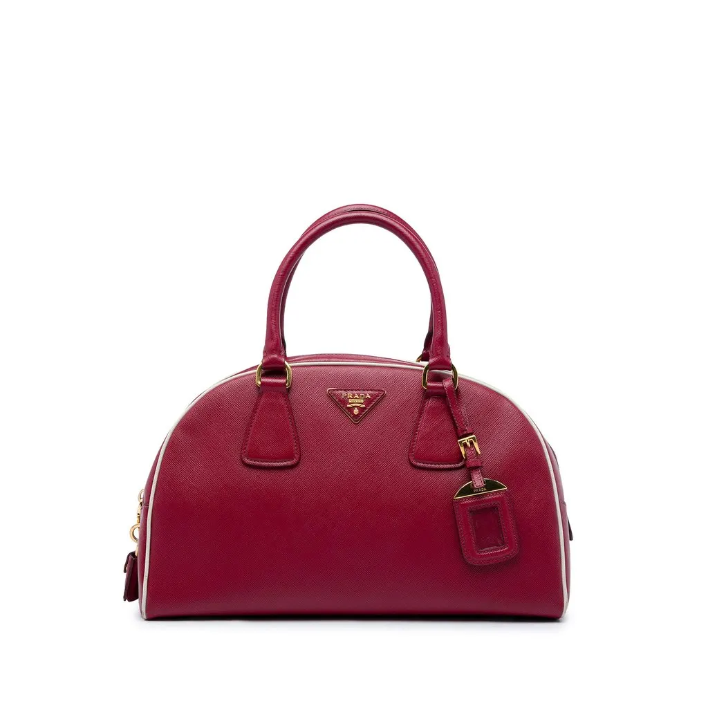 Prada Saffiano Lux Bowling Handbag Red Leather Good - Front View