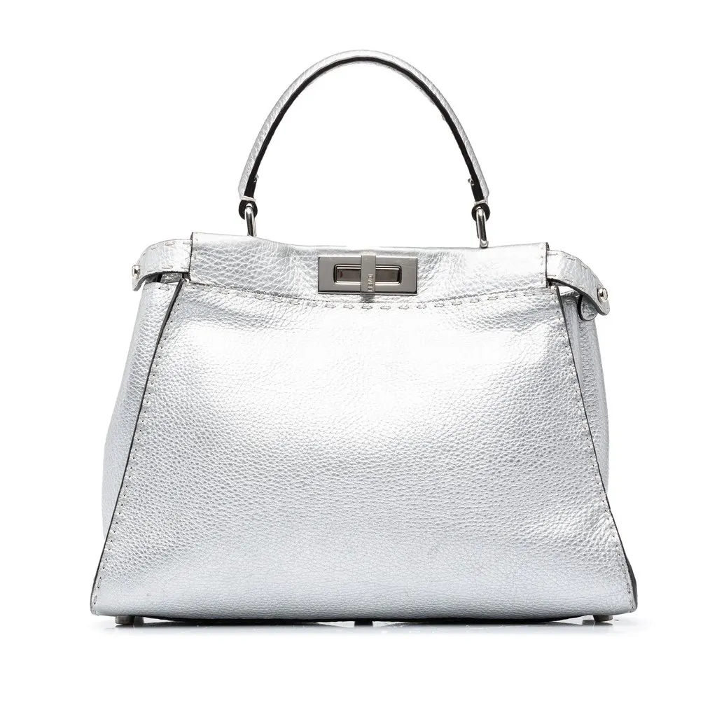 Fendi Medium Leather Selleria Peekaboo Iconic Satchel Silver Leather Good - Front View