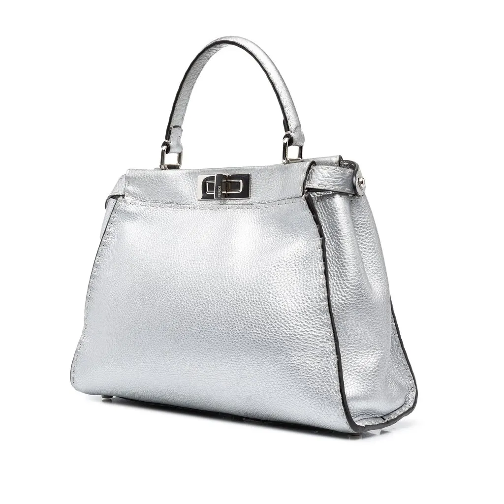 Fendi Medium Leather Selleria Peekaboo Iconic Satchel Silver Leather Good - Back View