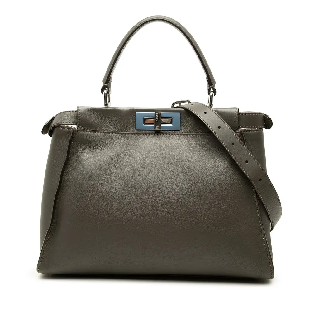 Fendi Medium Leather Peekaboo Iconic Satchel Grey Leather Good - Front View