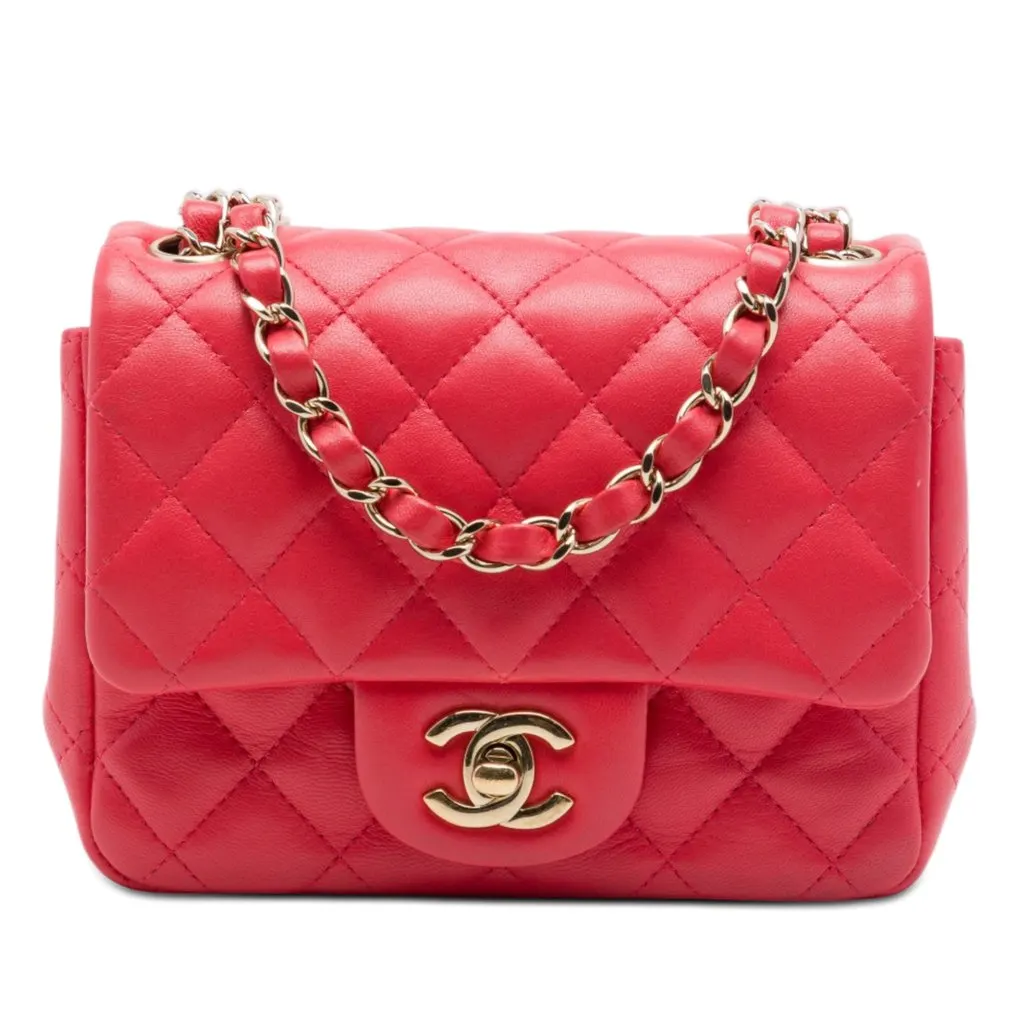 Chanel Mini Square Classic Lambskin Single Flap Red Leather Very good - Front View