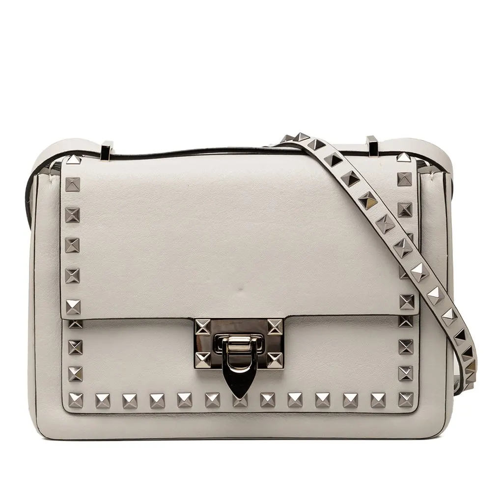 Valentino Leather Rockstud Flip Lock Crossbody Silver Leather Very good - Front View