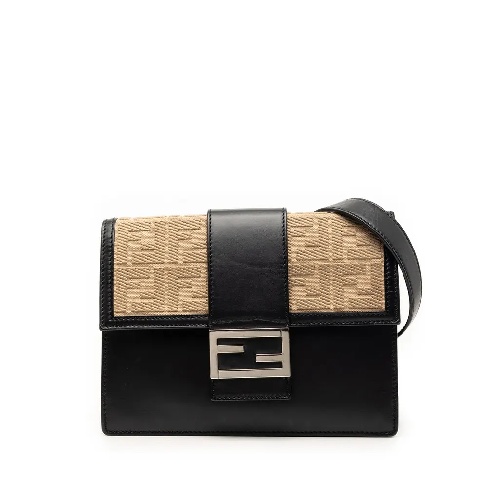 Fendi Calfskin and Canvas FF 1974 Flat Baguette Crossbody Black Leather Very good - Front View