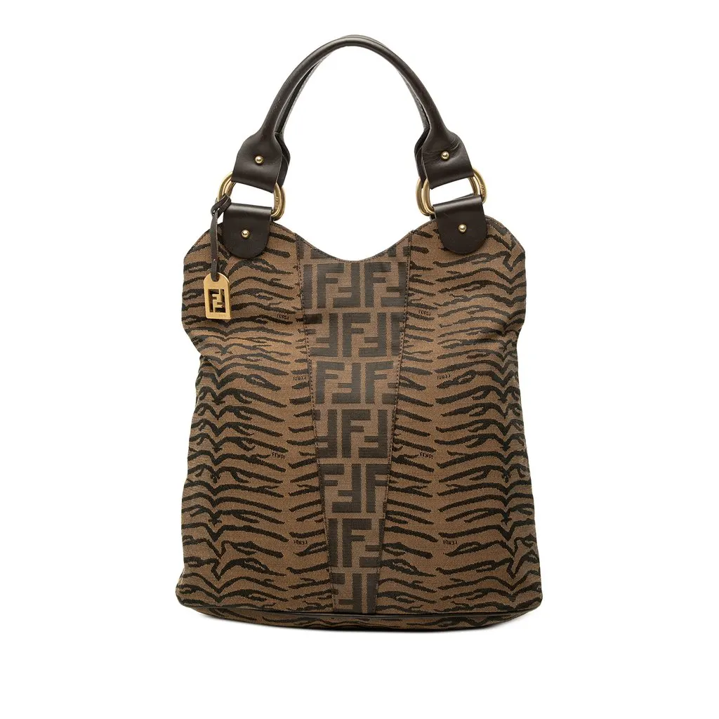 Fendi Zucca Zebra Print Canvas Diavolo Trapezio Tote Brown Canvas Good - Front View