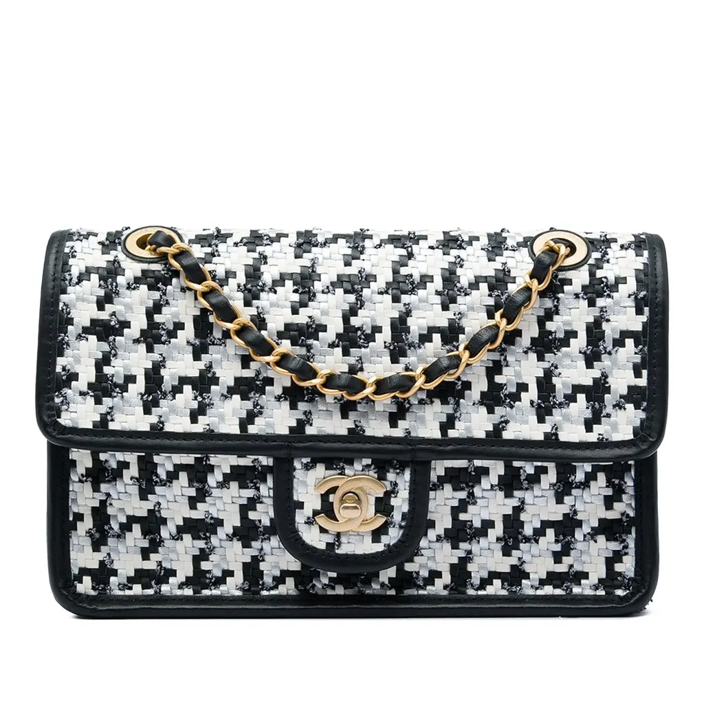 Chanel CC Woven Lambskin and Viscose Houndstooth Single Flap White Leather Very good - Front View