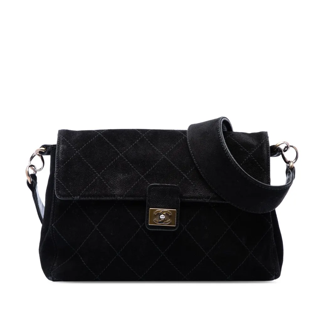 Chanel CC Quilted Suede Wild Stitch Flap Black Leather Very good - Front View