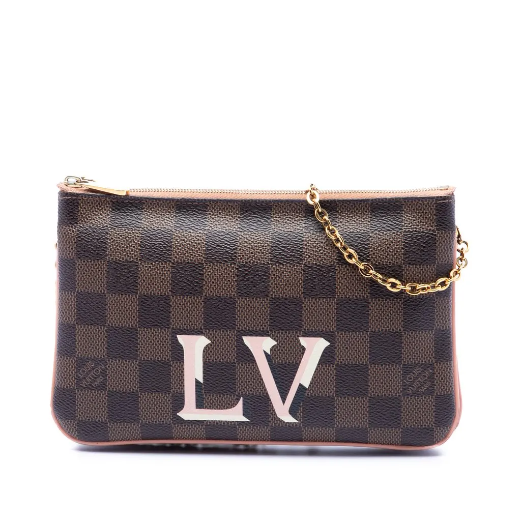 Louis Vuitton Damier Ebene Pochette Double Zip Brown Canvas Very good - Front View