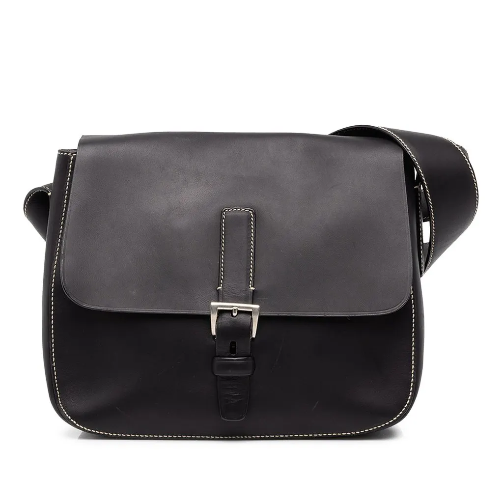 Prada Calfskin Buckle Messenger Bag Black Leather Very good - Front View