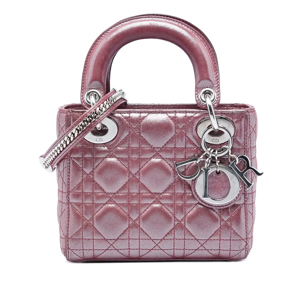 Dior Mini Iridescent Lambskin Cannage Lady Dior Pink Leather Good - Front View