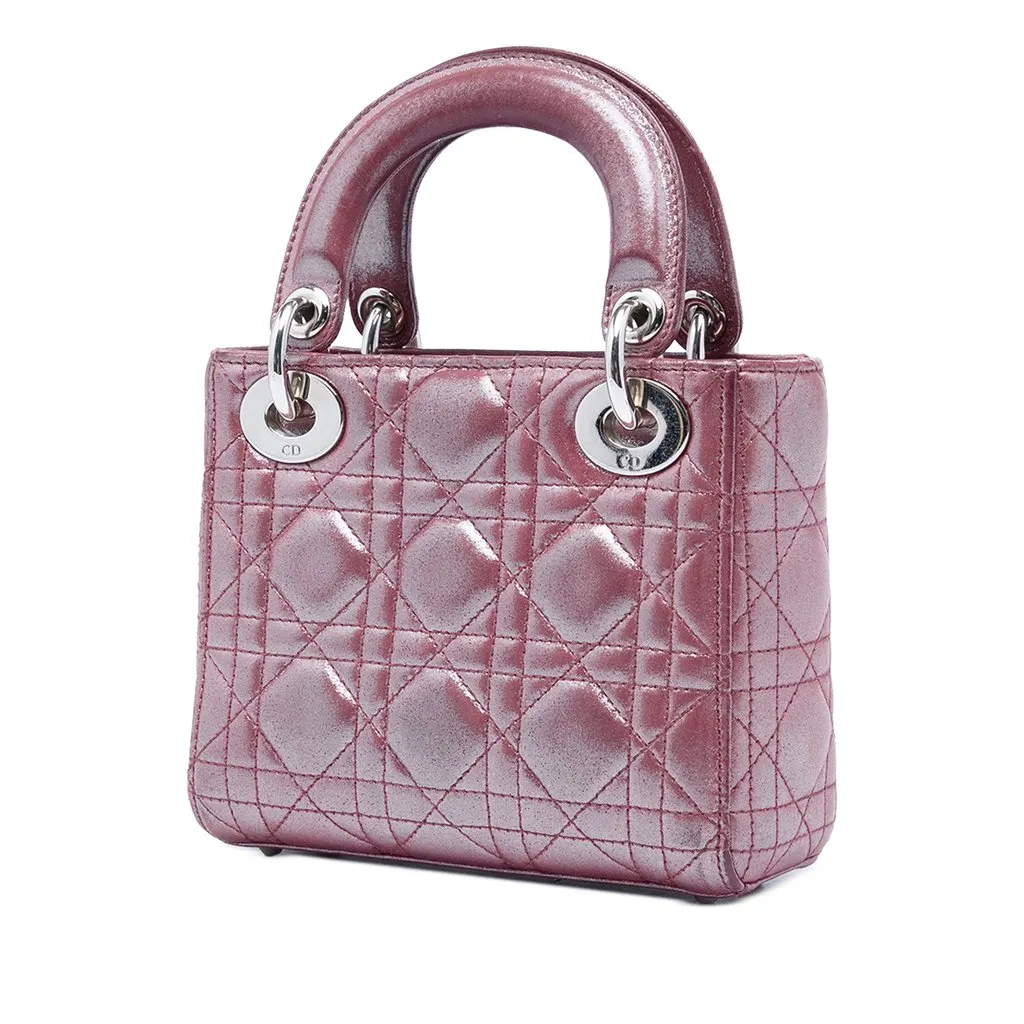 Dior Mini Iridescent Lambskin Cannage Lady Dior Pink Leather Good - Back View