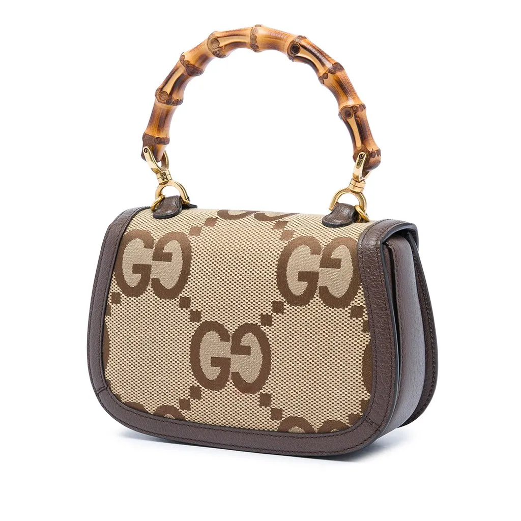 Gucci Small Jumbo GG Canvas Web Bamboo 1947 Top Handle Bag Beige Canvas Good - Back View