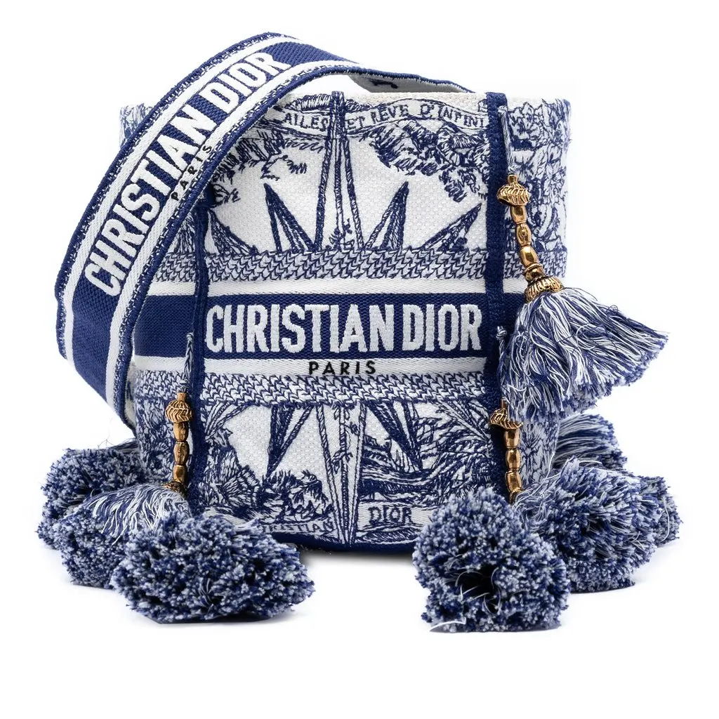 Dior Canvas Embroidered Reve d Infini D Bubble Bucket Bag Blue Good - Front View