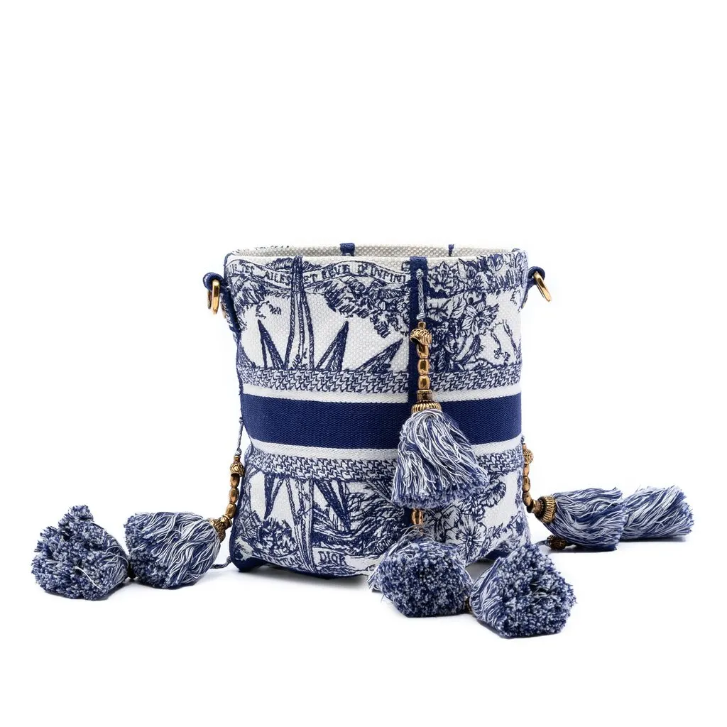 Dior Canvas Embroidered Reve d Infini D Bubble Bucket Bag Blue Good - Back View