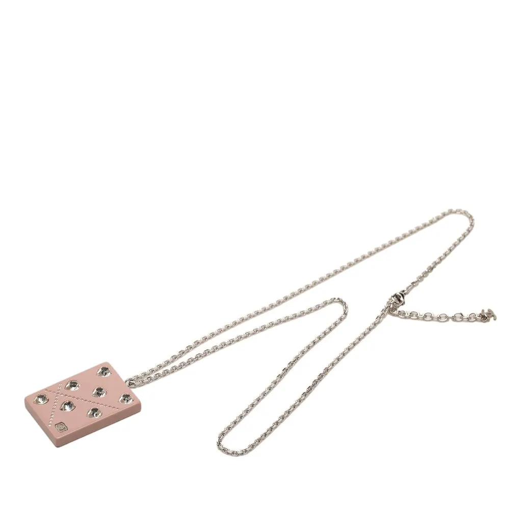 Chanel CC Brass Strass and Acrylic Plate Pendant Necklace Silver Brass Very good - Front View
