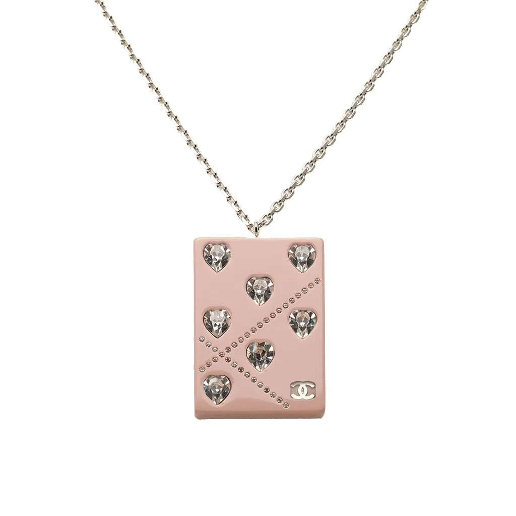 Chanel CC Brass Strass and Acrylic Plate Pendant Necklace Silver Brass Very good - Back View