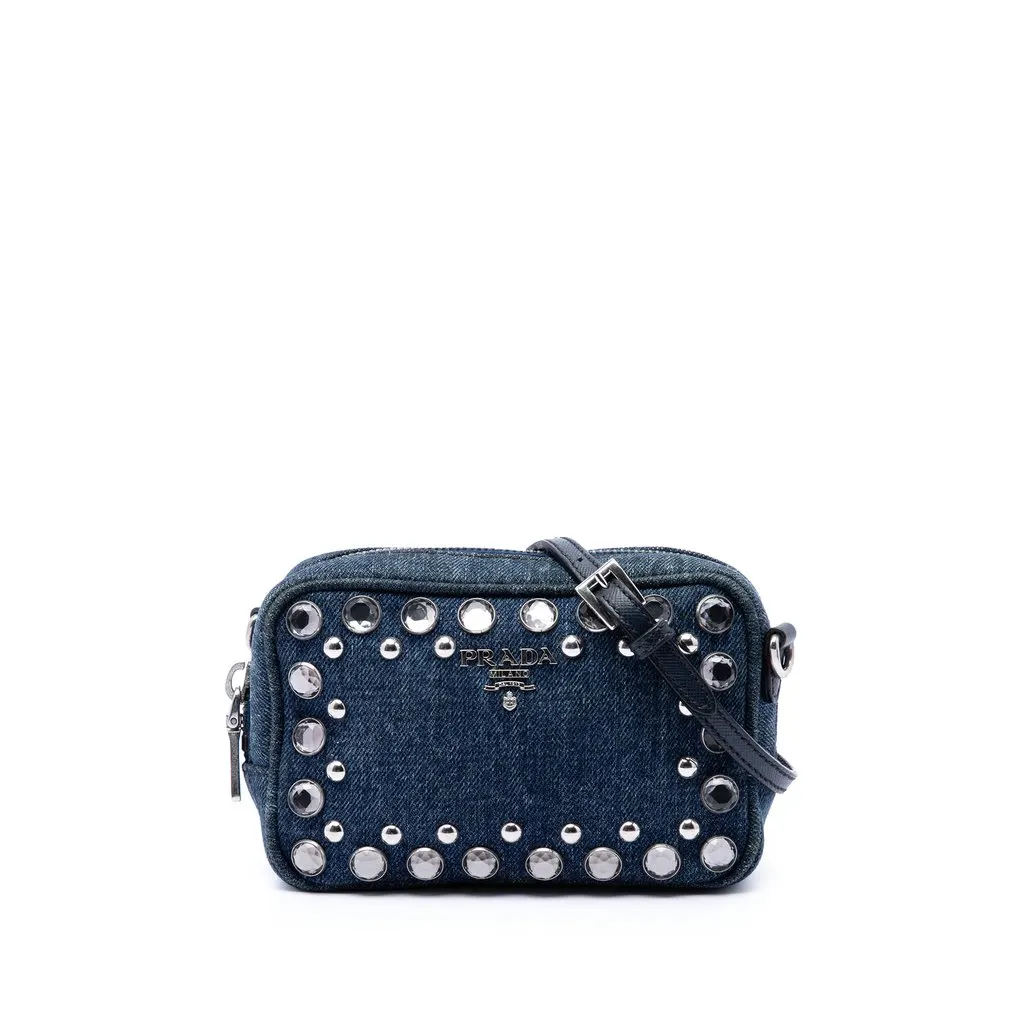 Prada Mini Denim Borchie Bijoux Camera Bag Blue Very good - Front View