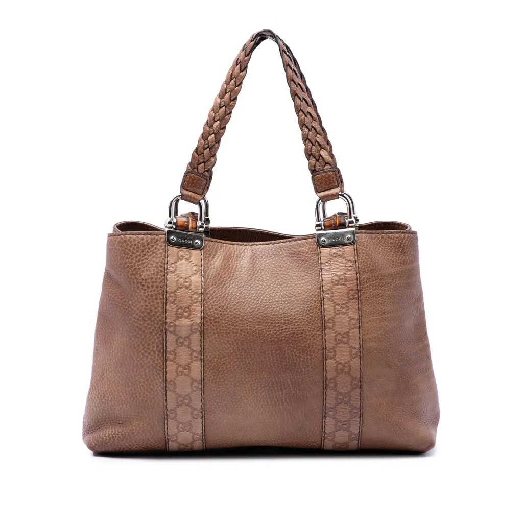 Gucci Medium Guccissima Trimmed Calfskin Bamboo Libeccio Tote Brown Leather Good - Front View