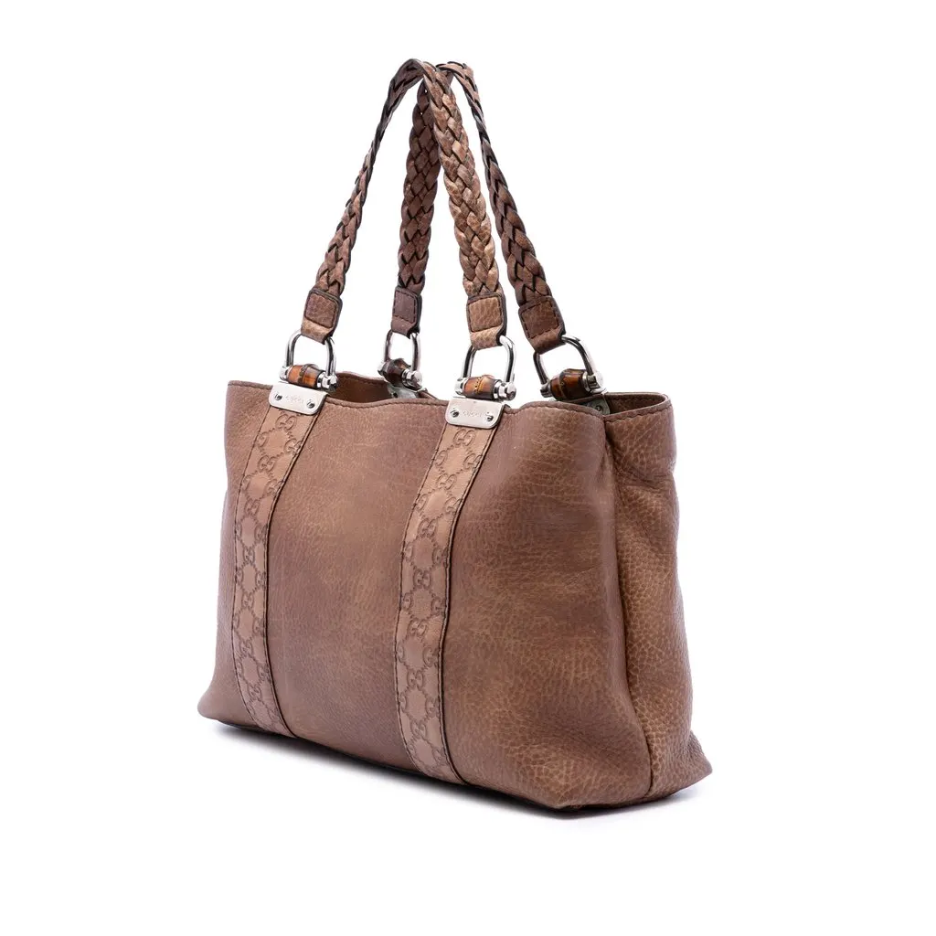 Gucci Medium Guccissima Trimmed Calfskin Bamboo Libeccio Tote Brown Leather Good - Back View