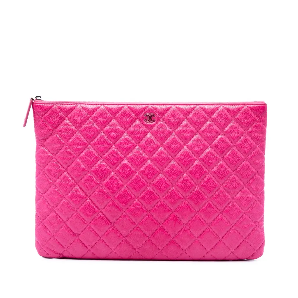 Chanel Large Quilted Caviar O Case Clutch Pink Leather Very good - Front View