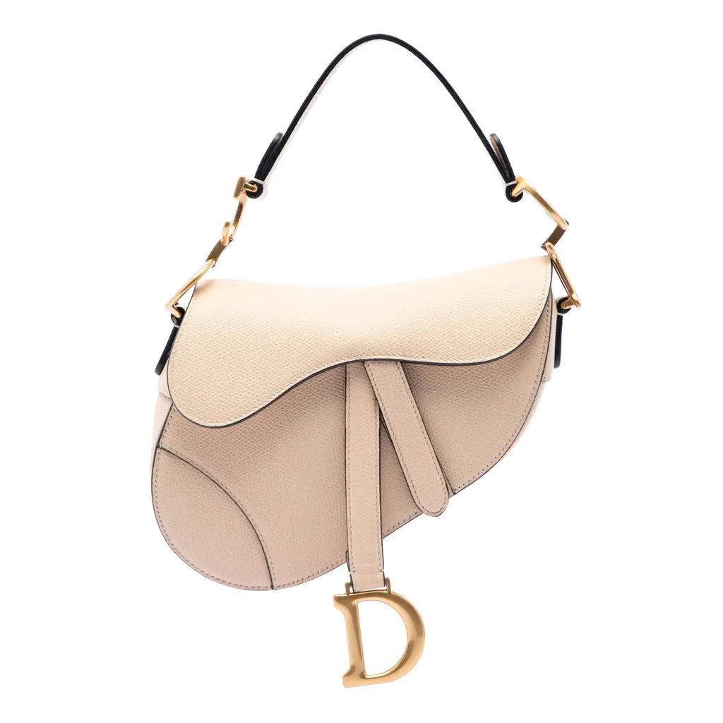 Dior Mini Grained Calfskin Saddle Bag Beige Leather Very good - Front View