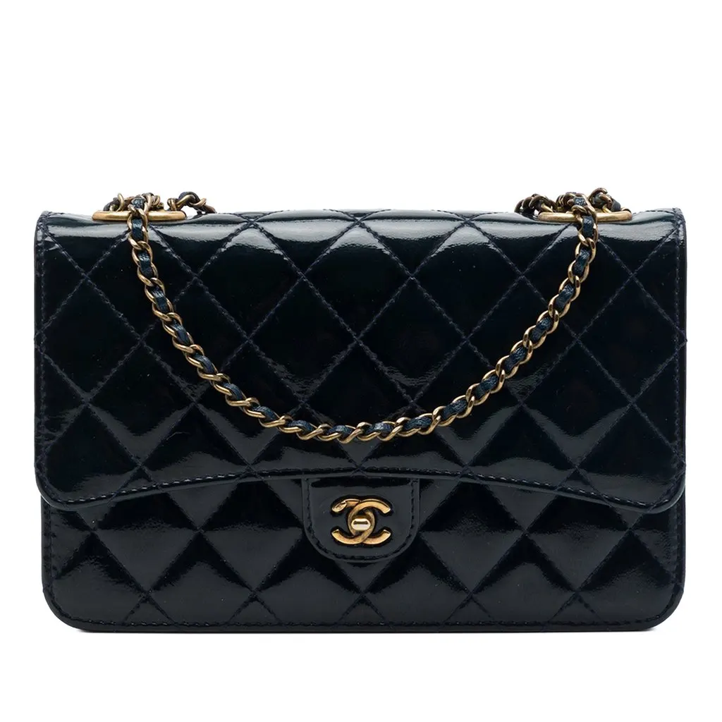 Chanel Quilted Patent and Goatskin CC Eyelet Wallet On Chain Blue Leather Very good - Front View