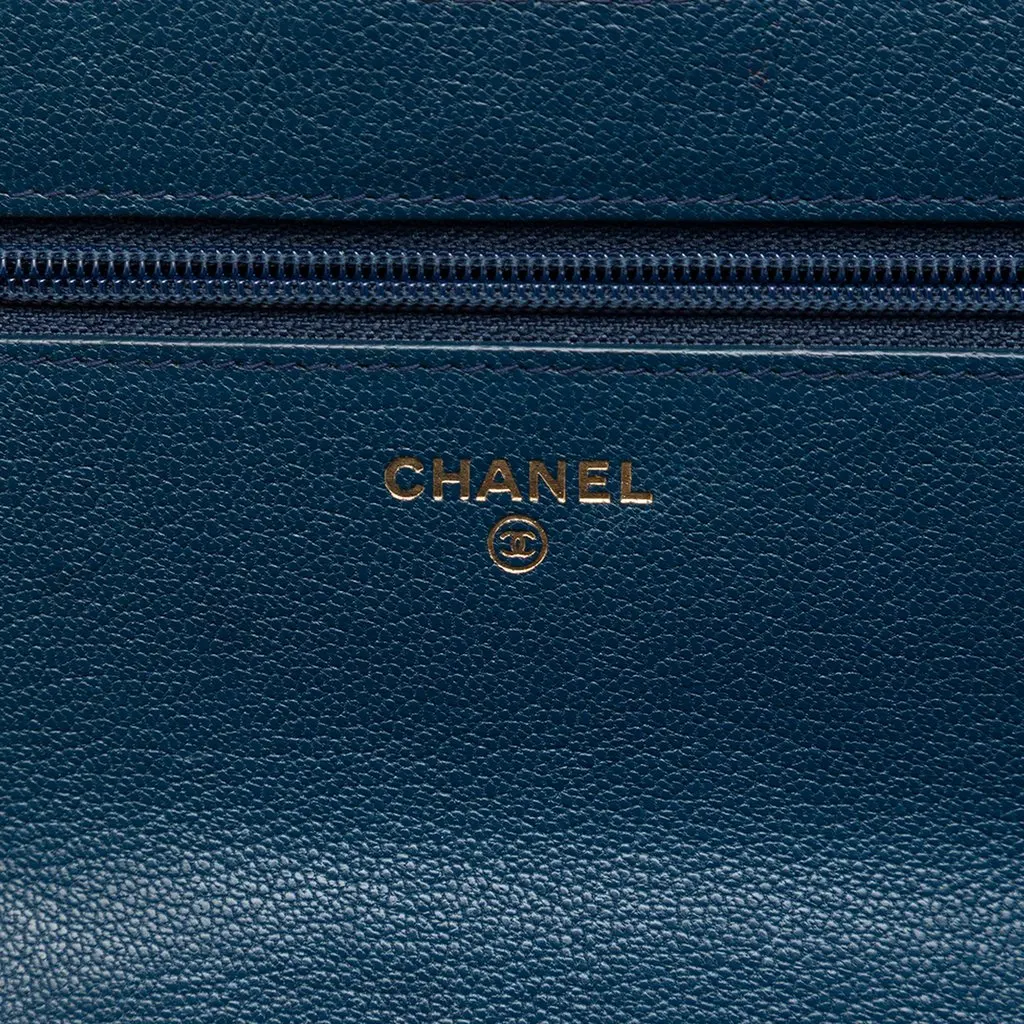 Chanel Quilted Patent and Goatskin CC Eyelet Wallet On Chain Blue Leather Very good - Box View
