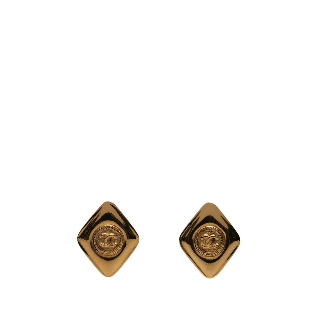 Chanel CC Gold Plated Rhombus Clip On Earrings Gold Metal Very good - Front View