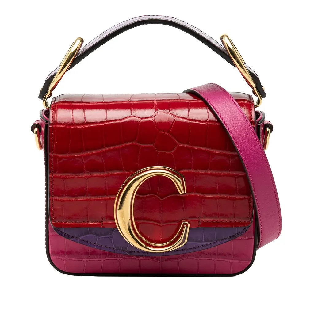 Chloé Mini Tricolor Croc Embossed Calfskin C Satchel Pink Leather Very good - Front View