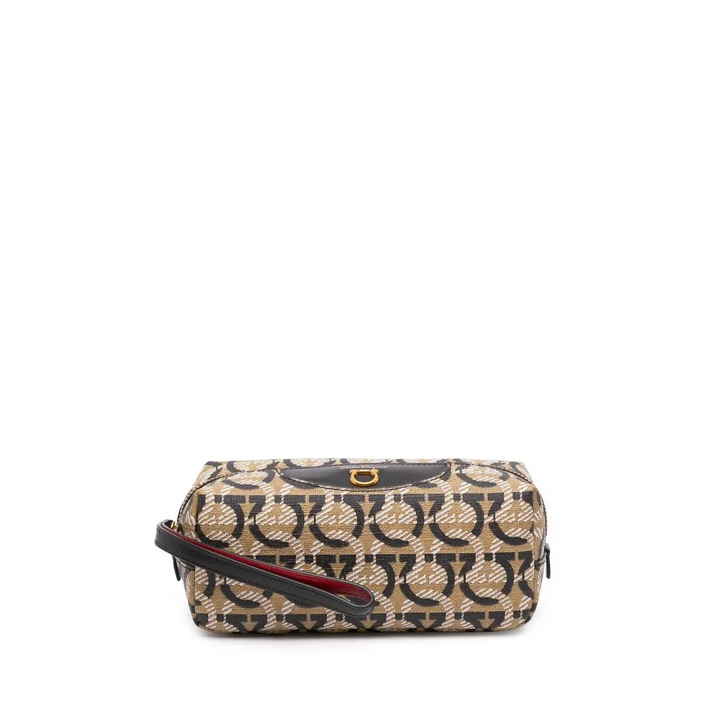 Salvatore Ferragamo Gancini Coated Canvas Cosmetic Pouch Beige Canvas Good - Front View
