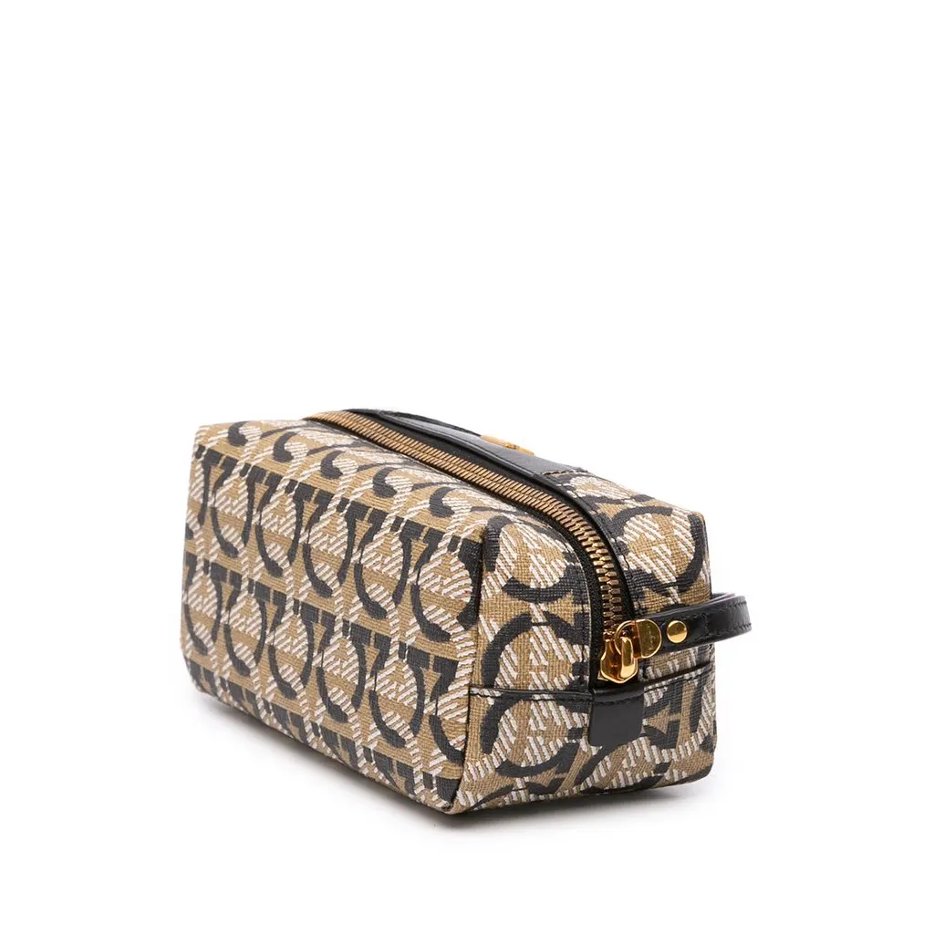 Salvatore Ferragamo Gancini Coated Canvas Cosmetic Pouch Beige Canvas Good - Back View