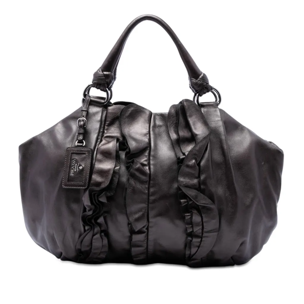 Prada Metallic Nappa Mordore Ruffle Tote Brown Leather Very good - Front View
