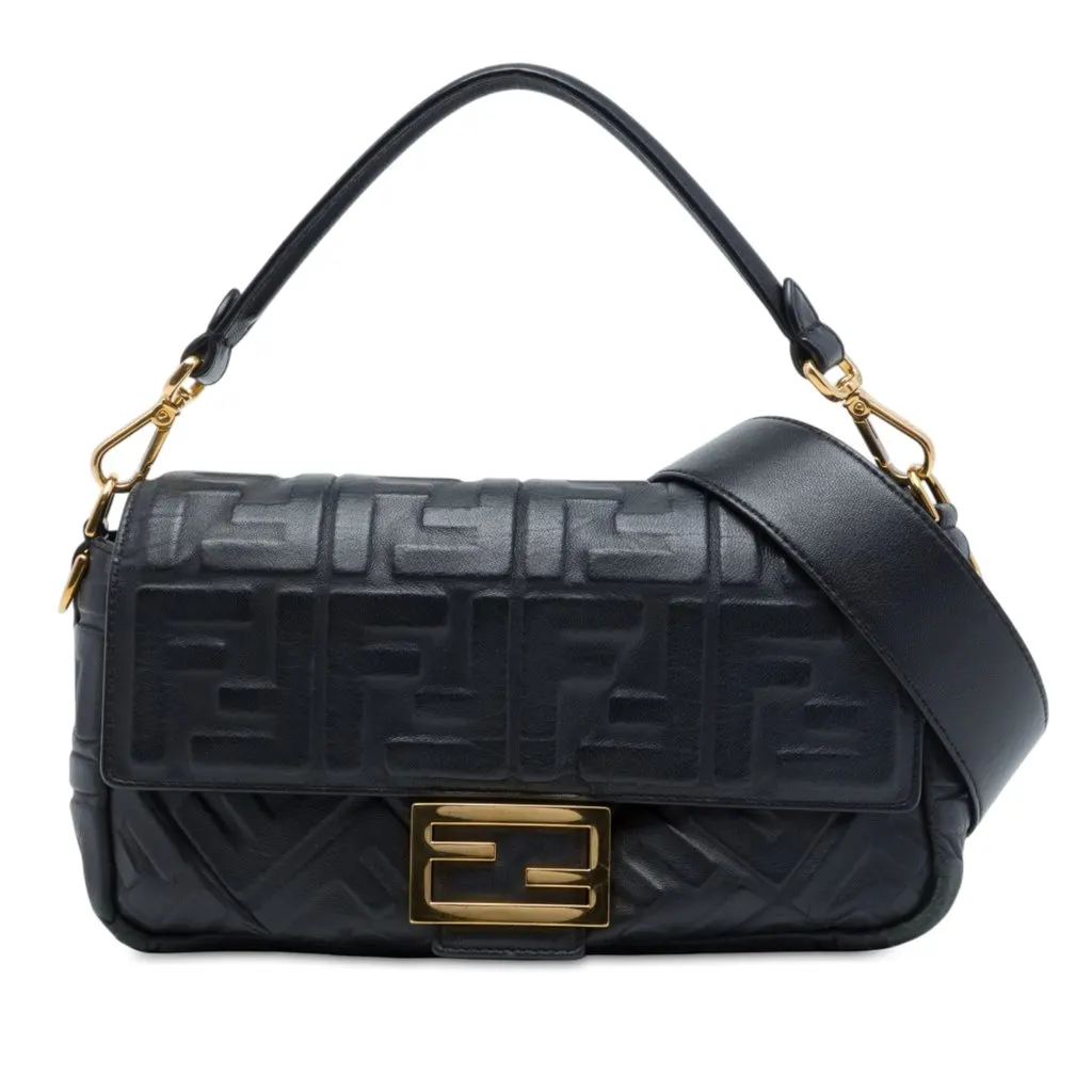Fendi Zucca Embossed Leather Baguette Satchel Black Leather Very good - Front View