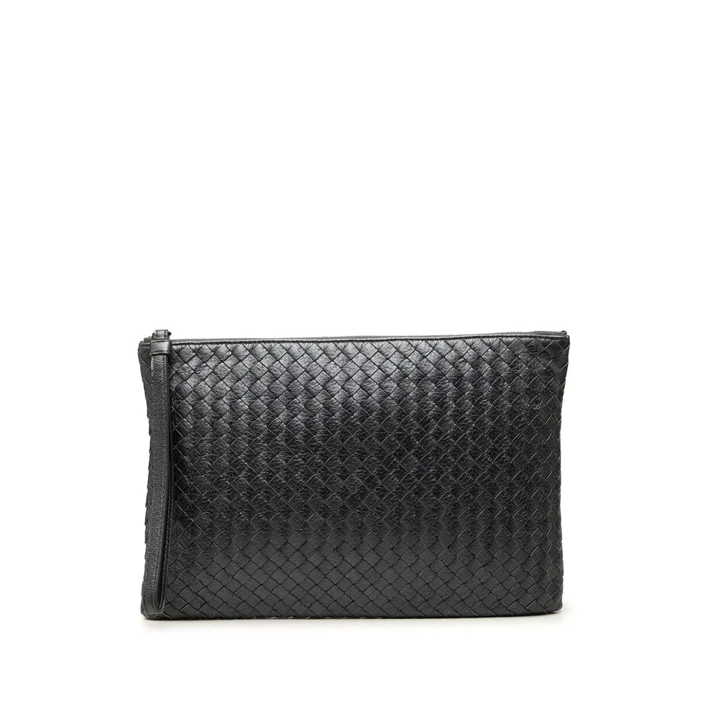 Bottega Veneta Metallic Leather Intrecciato Clutch Black Leather Good - Front View