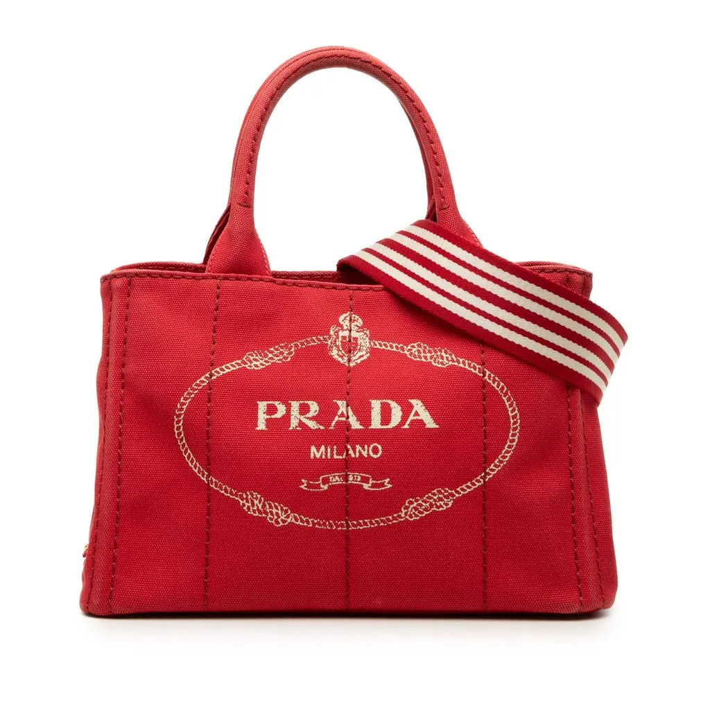 Prada Small Canvas Canapa Logo Tote Red Canvas Good - Front View