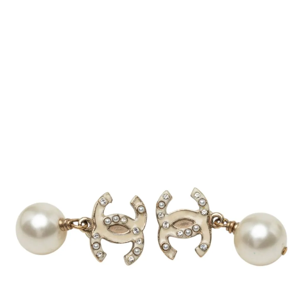 Chanel CC Gold Plated Enamel Faux Pearl Strass Bullet Back Earrings Gold Metal Very good - Front View