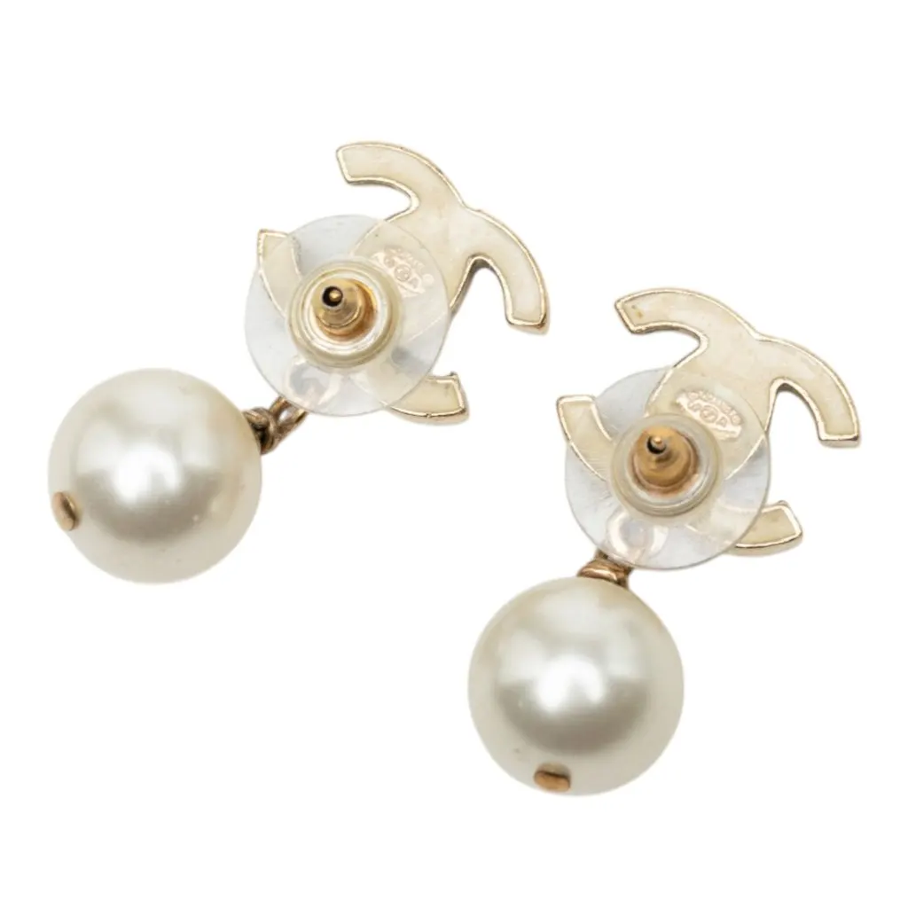 Chanel CC Gold Plated Enamel Faux Pearl Strass Bullet Back Earrings Gold Metal Very good - Back View