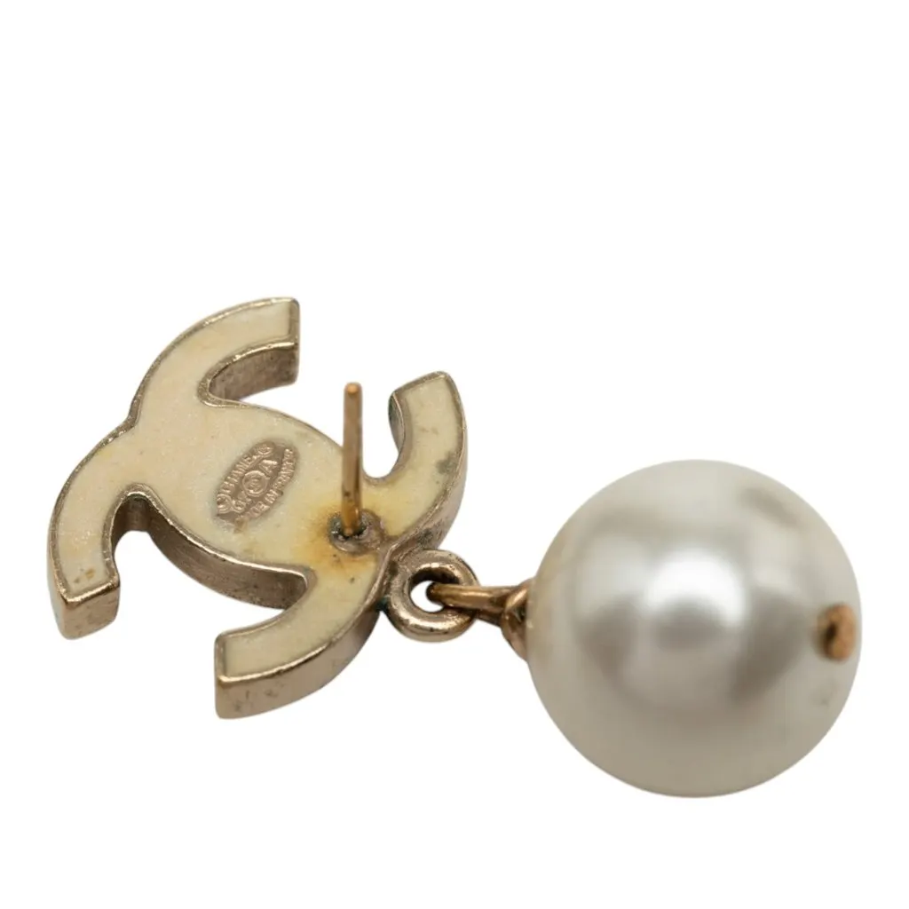 Chanel CC Gold Plated Enamel Faux Pearl Strass Bullet Back Earrings Gold Metal Very good - Inside View