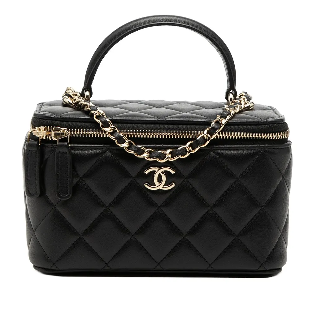 Chanel Small Lambskin Top Handle Vanity Case with Chain Black Leather Very good - Front View
