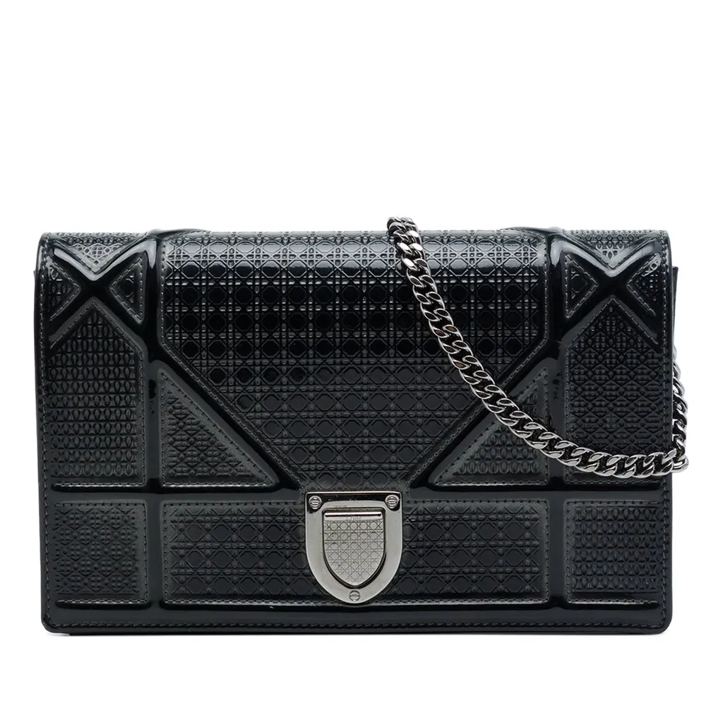 Dior Metallic Patent Microcannage Diorama Wallet on Chain Black Leather Good - Front View
